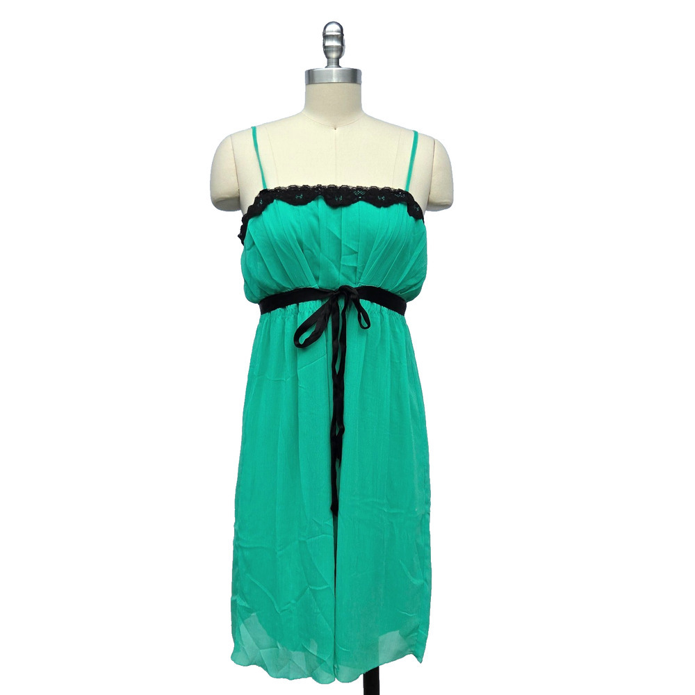 Vintage Y2K Slip Dress Size L Green Lingerie Style Black Lace Midi Fairy Whimsy